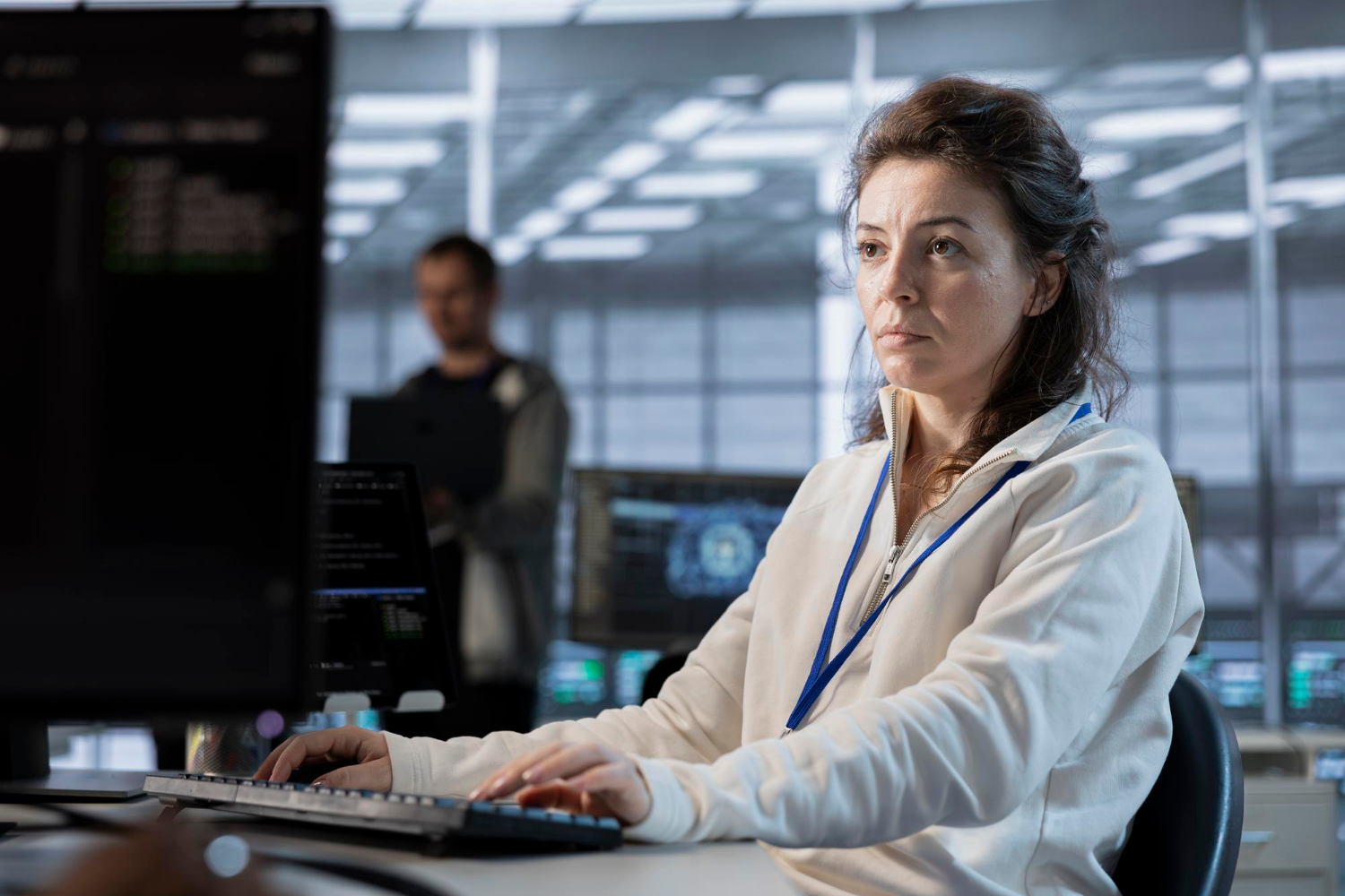 Woman in a white hoodie working at a computer in a modern office with multiple screens.